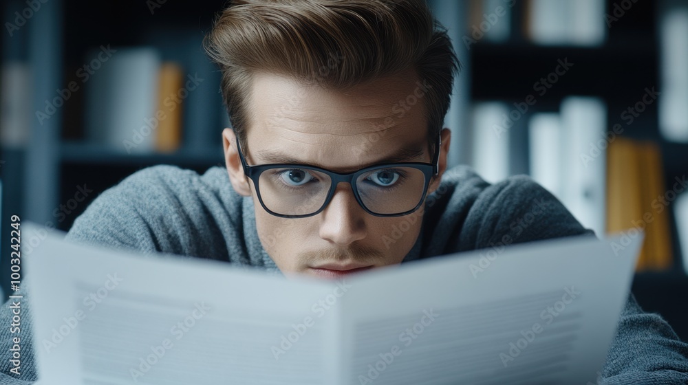 A man with glasses looking at a book while reading it, AI A man with glasses looking at a book while reading it, AI