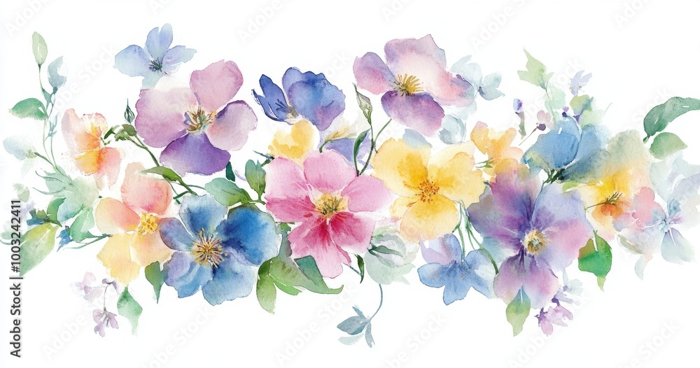 Fototapeta premium Watercolor floral clipart, in pastel shades of pink, purple, yellow, blue, and green, on a white background Generative AI