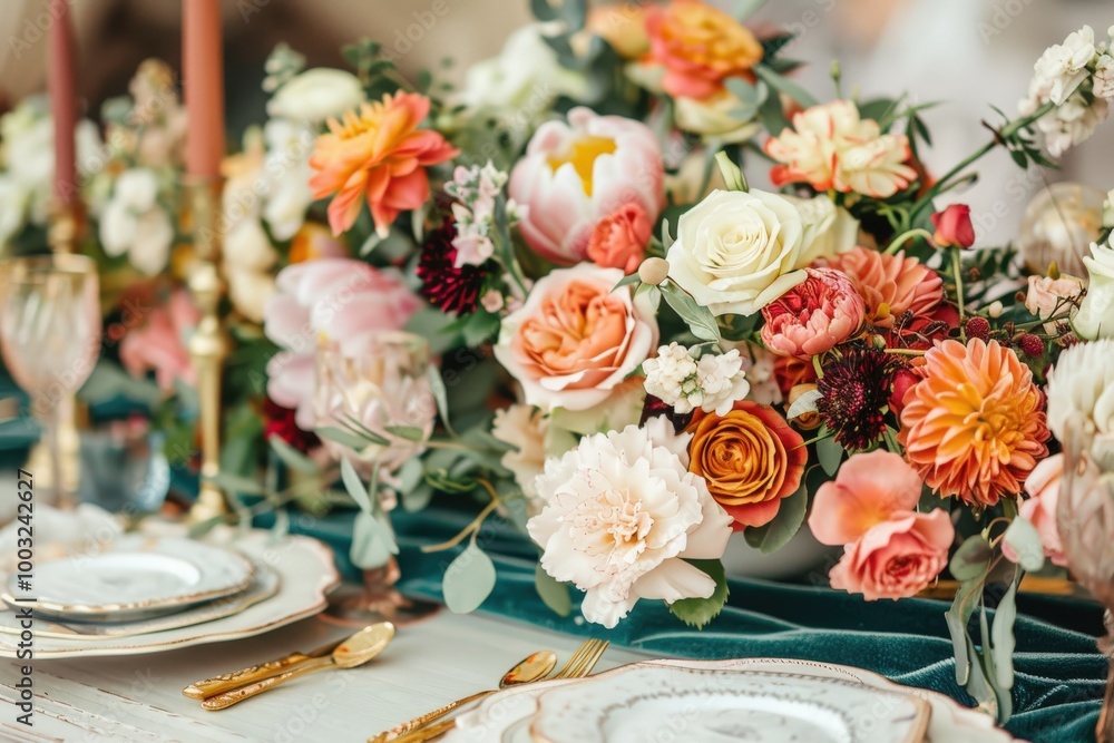 A table with a floral centerpiece and a variety of glasses and utensils, generative ai image A table with a floral centerpiece and a variety of glasses and utensils, generative ai image