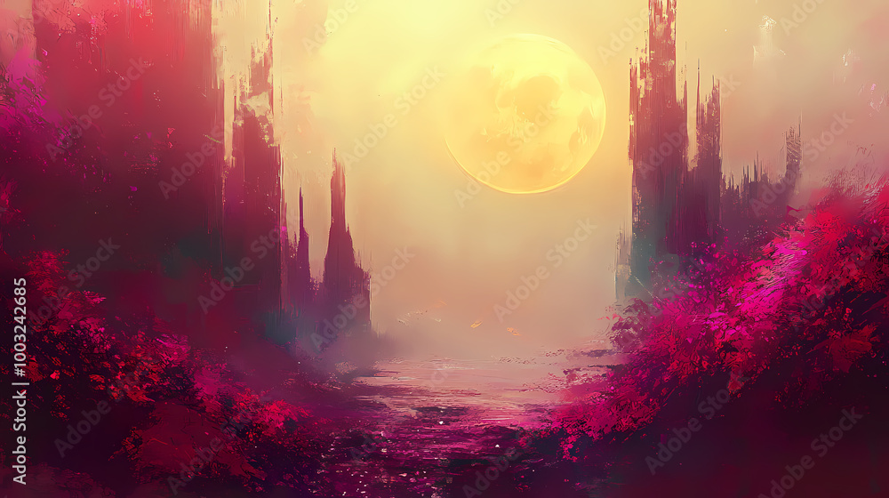 Artistic concept painting of a beautiful sci-fi landscape, with a future thing in the background. tender and dreamy design, background illustration. Alien Landscape. Illustration Artistic concept painting of a beautiful sci-fi landscape, with a future thing in the background. tender and dreamy design, background illustration. Alien Landscape. Illustration