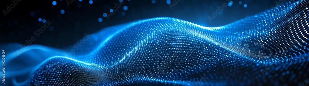 A digital 3D wave moving over a dark background. Dynamic blue particles. Big data concept. Cyberspace illustration. A digital 3D wave moving over a dark background. Dynamic blue particles. Big data concept. Cyberspace illustration.