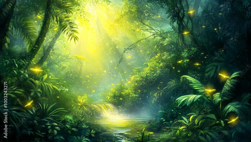 The foggy forest of an exotic jungle. A forest oasis in the middle of a fogy forest. A natural forest landscape in 3D. The foggy forest of an exotic jungle. A forest oasis in the middle of a fogy forest. A natural forest landscape in 3D.