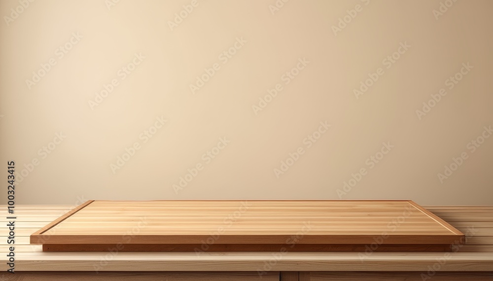 Wood Countertop in Kitchen Against Beige Wall for Product Presentation Wood Countertop in Kitchen Against Beige Wall for Product Presentation