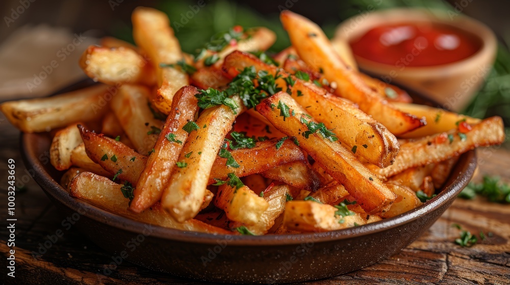 Crispy French Fries with Fresh Herbs and Ketchup in Rustic Bowl. Appetizing Snack Food Photography. Crispy French Fries with Fresh Herbs and Ketchup in Rustic Bowl. Appetizing Snack Food Photography.