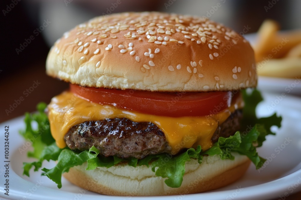 A hamburger with cheese and tomato on top of a bun, generative ai image A hamburger with cheese and tomato on top of a bun, generative ai image