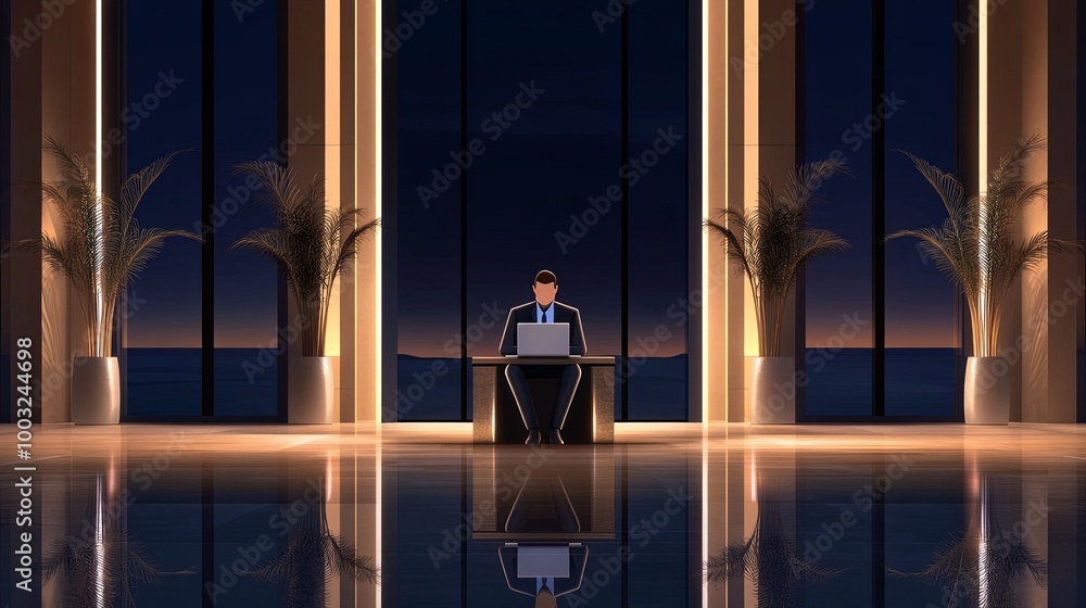A remote worker quietly uses a laptop in a luxurious hotel lobby at night. The modern interior features elegant lighting and a serene environment perfect for productivity. A remote worker quietly uses a laptop in a luxurious hotel lobby at night. The modern interior features elegant lighting and a serene environment perfect for productivity.