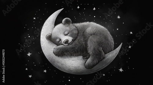 hand drawn illustration of sleeping bear on moon, stars and moon