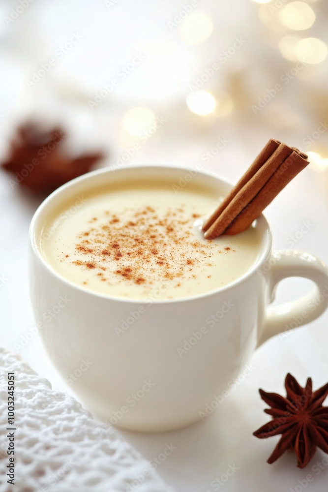 A cup of creamy eggnog topped with a sprinkle of nutmeg and a cinnamon stick, set against a festive holiday backdrop with bokeh lights and star anise. A cup of creamy eggnog topped with a sprinkle of nutmeg and a cinnamon stick, set against a festive holiday backdrop with bokeh lights and star anise.