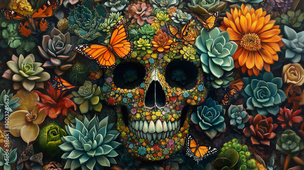 An artistic representation of a skull intertwined with succulents, butterflies, and vivid flowers. The use of bright colors and rich textures turns the traditional symbol of death