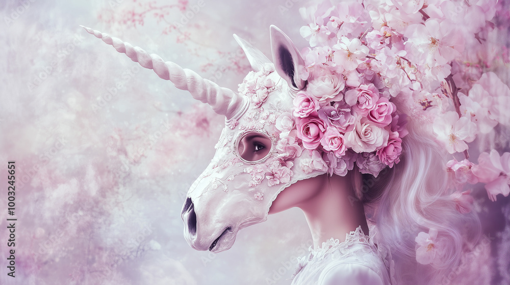 Obraz premium A fantasy-inspired image of a woman wearing a skull-like unicorn mask decorated with pink flowers. The soft background of blooming florals enhances the magical, whimsical mood of t