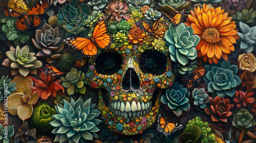 An artistic representation of a skull intertwined with succulents, butterflies, and vivid flowers. The use of bright colors and rich textures turns the traditional symbol of death