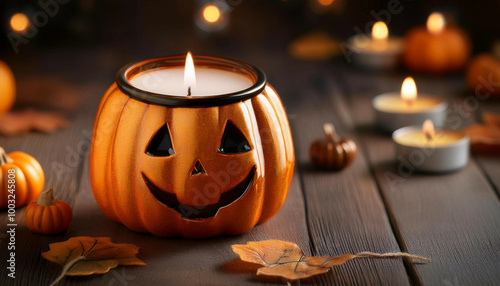 A pumpkin-shaped candle holder with a smiling jack-o'-lantern face glows warmly. The wooden surface is decorated with autumn leaves and several tealight candles in the background.