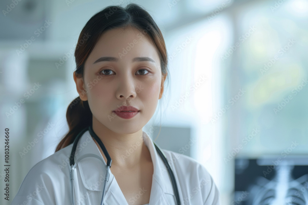 Asian radiologist in hospital setting, blurred x-rays in the background