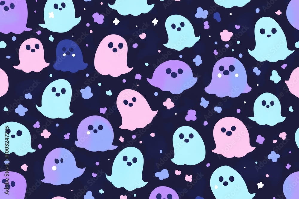 The seamless texture of Halloween ghosts, a tiling pattern, cute kawaii, dark background, blue color The seamless texture of Halloween ghosts, a tiling pattern, cute kawaii, dark background, blue color