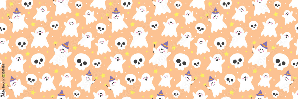 Cute Halloween background with hand drawn ghosts and skulls. Seamless pattern. Banner. Vector illustration Cute Halloween background with hand drawn ghosts and skulls. Seamless pattern. Banner. Vector illustration