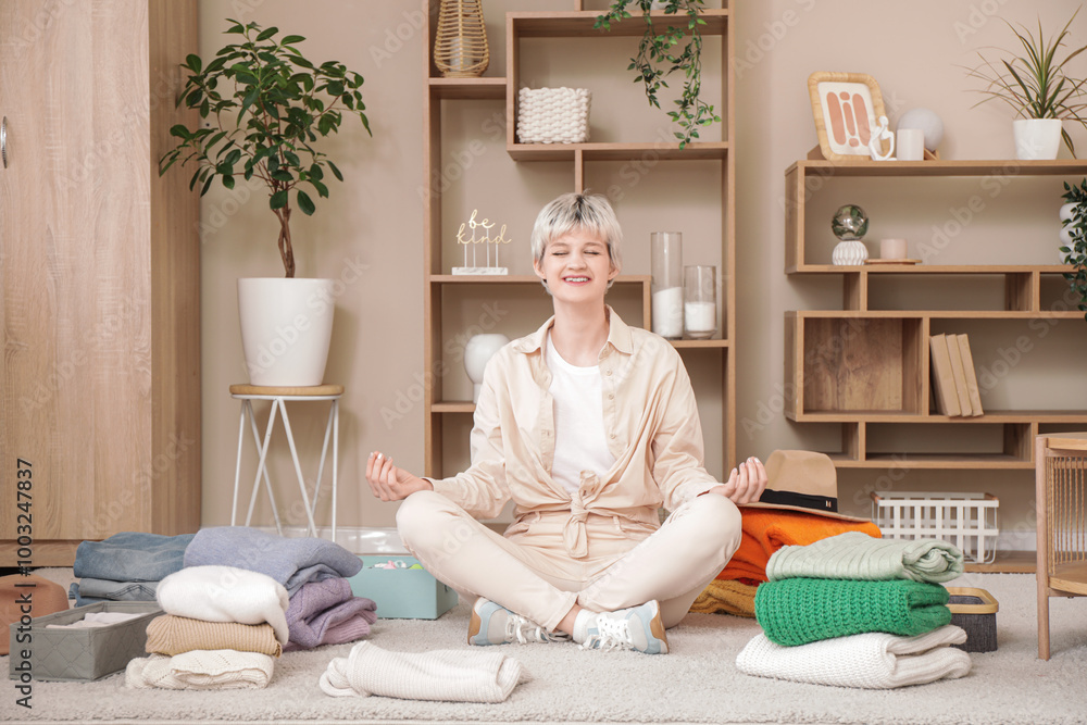 Beautiful young woman with stack of clean clothes meditating at home Beautiful young woman with stack of clean clothes meditating at home