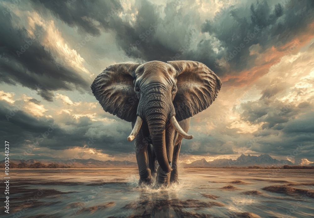 Fototapeta premium Wallpaper background with a fantasy illustration of a wild elephant. Digital art style wallpaper.