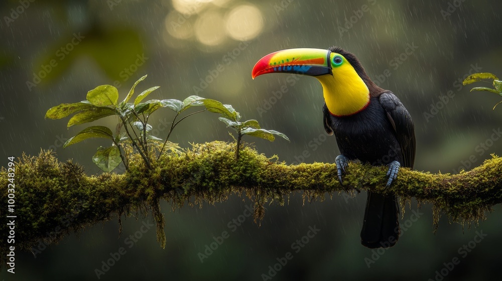 Fototapeta premium It is a forest scene with a toucan fishing on a branch, green vegetation, plenty of copy space, and colorful wallpaper.