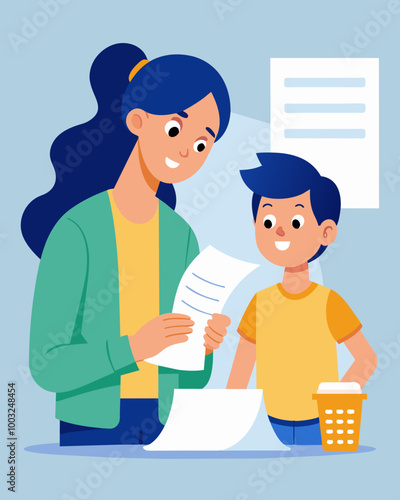A parent and child go through old bills and receipts discussing the importance of tracking expenses and finding ways to costs in the future.. Vector illustration