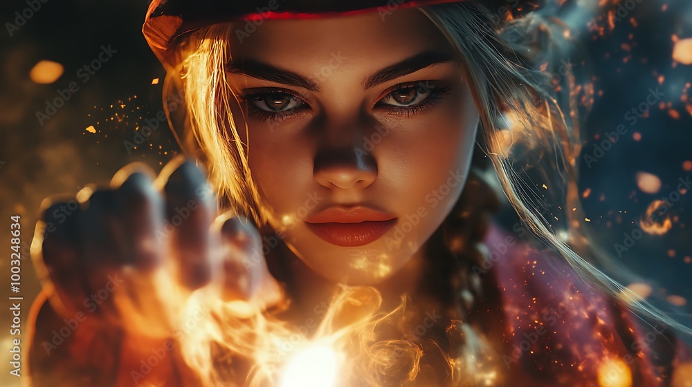 Fierce female character with fire magic and a determined gaze Fierce female character with fire magic and a determined gaze