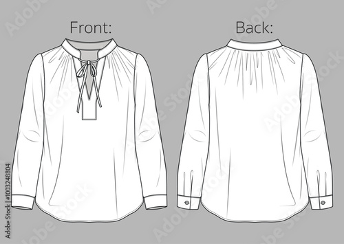 Woman round neck blouse with gathering detail fashion CAD, long sleeved basic shirt with bow sketch, technical drawing, flat, template. Jersey or woven fabric blouse with front, back view, white color
