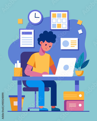 A person sits at their desk surrounded by paperwork and bills as they diligently work on creating a budget and repayment plan to repair their credit score.. Vector illustration