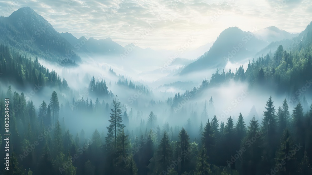 Obraz premium a breathtaking photo-realistic illustration unveils a mystical morning in mountains, fog envelops the forest, creating a dreamy and enchanting landscape