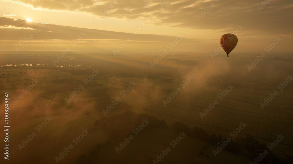 Sunrise hot air balloon flight over misty fields - aerial view, adventure, travel, tranquility, Sunrise hot air balloon flight over misty fields - aerial view, adventure, travel, tranquility,