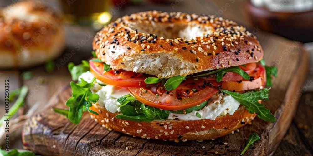 Detailed view of a bagel sandwich topped with fresh cream cheese for morning dining. Detailed view of a bagel sandwich topped with fresh cream cheese for morning dining.