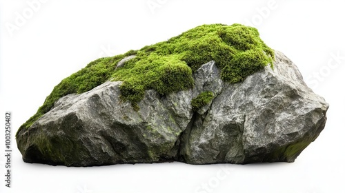 a majestic rock formation draped in vibrant green moss, set against a stark white background, emphasizing its natural beauty and texture for garden decor inspiration