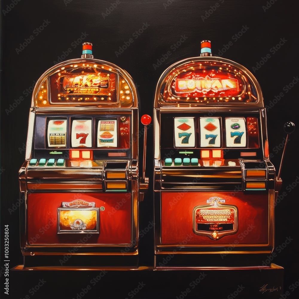 Two slot machines on a blackboard background. Retro style. Vector illustration. Two slot machines on a blackboard background. Retro style. Vector illustration.
