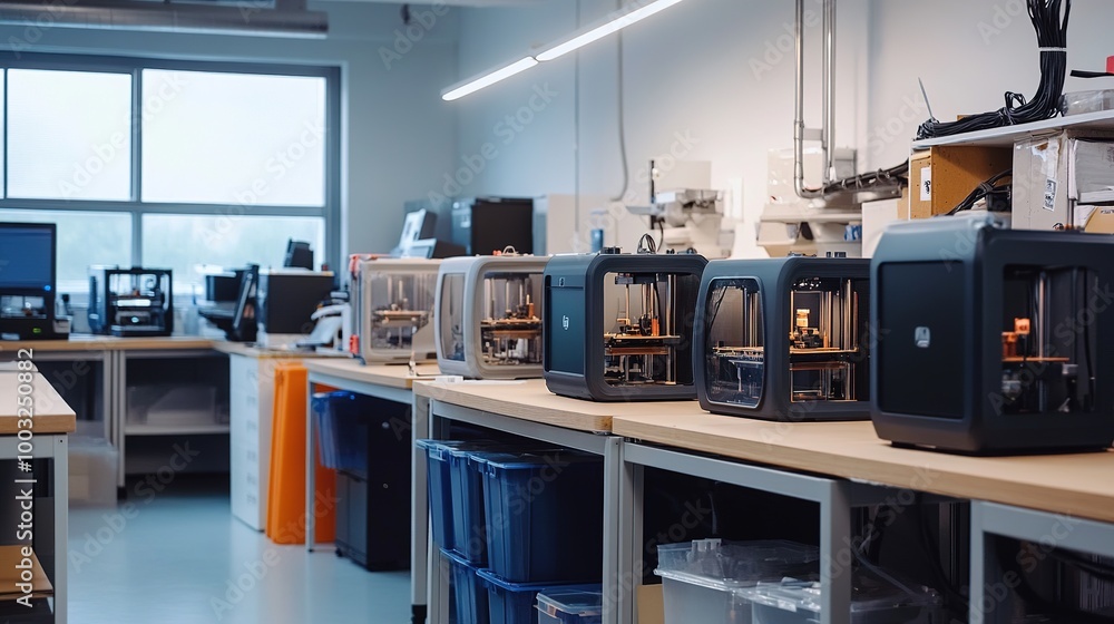 A 3D printing lab with multiple printers working simultaneously, producing various prototypes and intricate designs A 3D printing lab with multiple printers working simultaneously, producing various prototypes and intricate designs