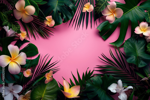 Tropical flowers and green leaves framing a blank pink background, vibrant floral arrangement creating a fresh and colorful nature-inspired scene for creative or decorative use photo