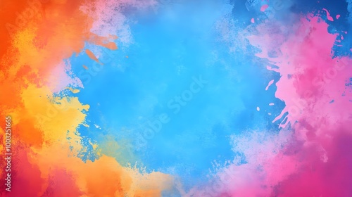 Blue watercolor paint background design with colorful orange pink borders and bright center, watercolor bleed and fringe with vibrant distressed grunge texture.