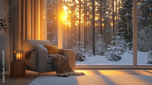 A tranquil winter scene with a cozy armchair and knitted blanket indoors, as the golden sunset illuminates a snow-covered forest through large glass windows, creating warmth.