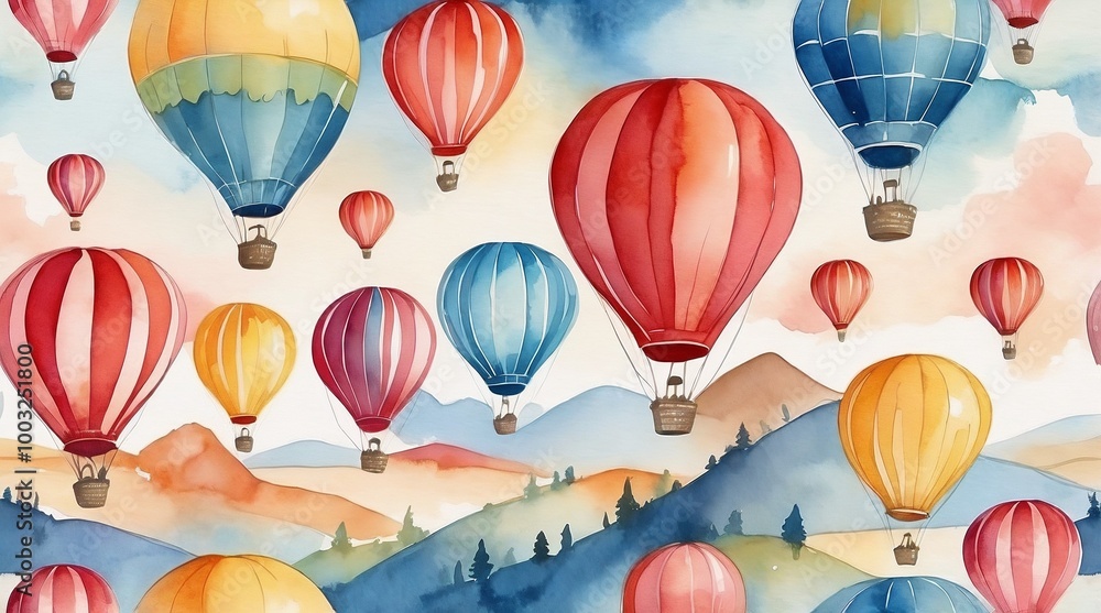Fototapeta premium Colorful hot air balloons floating over picturesque mountains in a vibrant travel watercolor scene