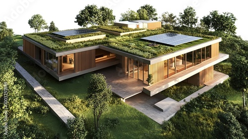 A 3D architectural model of a sustainable eco-friendly building with green roofs, solar panels, and natural materials