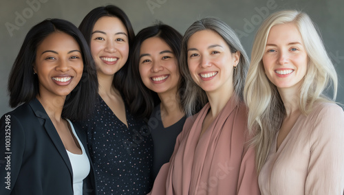 Group of five diverse women smiling confidently, representing female empowerment, friendship, diversity, and inclusion in a professional environment for business or corporate use photo