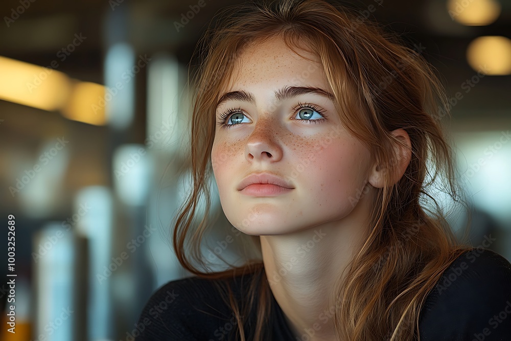 Fototapeta premium Portrait of young woman with blue eyes and red hair looking up, thinking about life, emotions and dreams