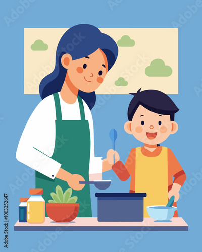 A parent teaching their child how to cook basic meals instilling the value of cooking at home and saving money for the future.. Vector illustration