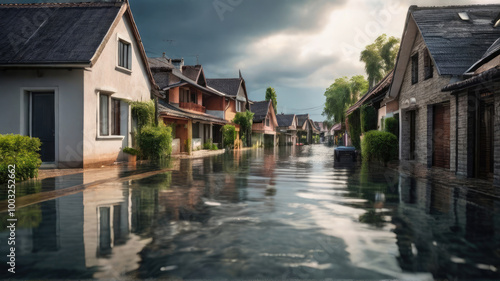 Flooded street of the city after heavy rain and storm. photo