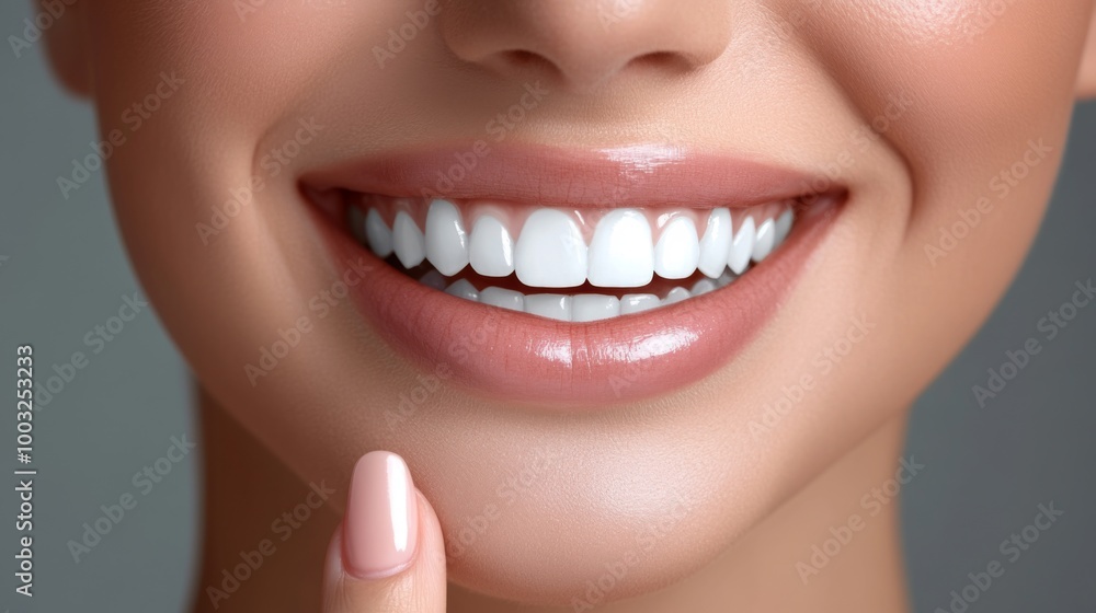Obraz premium A close-up image focusing on a woman's radiant smile, showcasing perfectly aligned, bright white teeth, symbolizing health, happiness, and confidence.