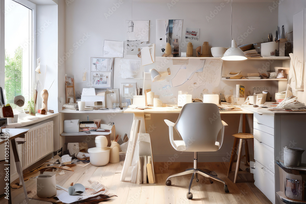 Messy workroom interior illuminated by sunlight. Messy workroom interior illuminated by sunlight.