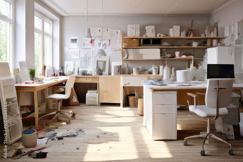 Messy workroom interior illuminated by sunlight. Messy workroom interior illuminated by sunlight.