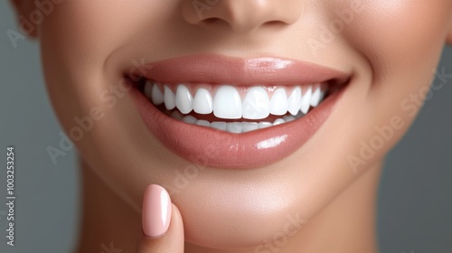 A close-up of a woman smiling widely, revealing her perfectly white teeth and well-manicured nails. The image captures the essence of dental care and beauty aesthetics.