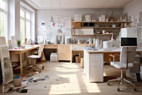 Messy workroom interior illuminated by sunlight. photo