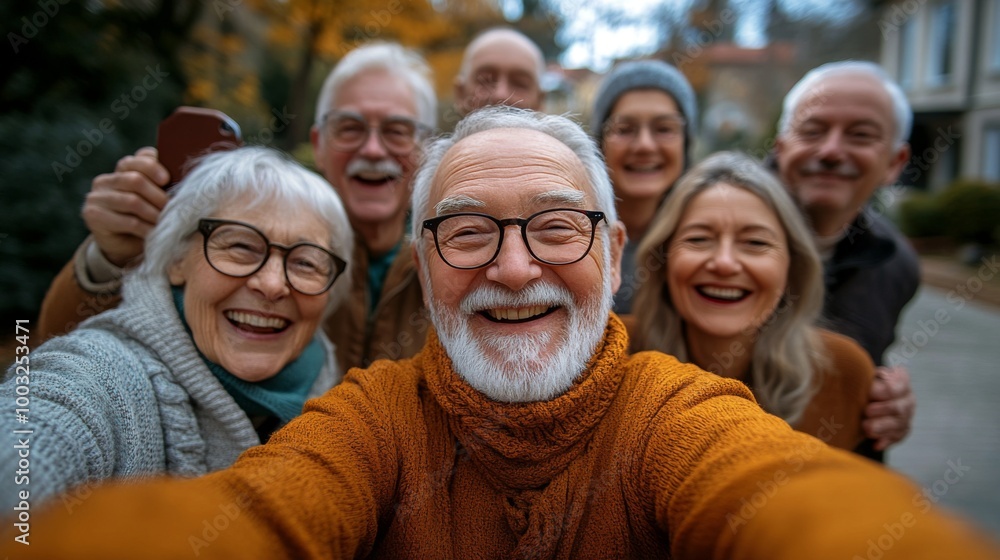 A joyful group of elderly friends capturing a selfie outdoors with genuine smiles, representing friendship, happiness, and enjoying retirement in a picturesque setting. A joyful group of elderly friends capturing a selfie outdoors with genuine smiles, representing friendship, happiness, and enjoying retirement in a picturesque setting.
