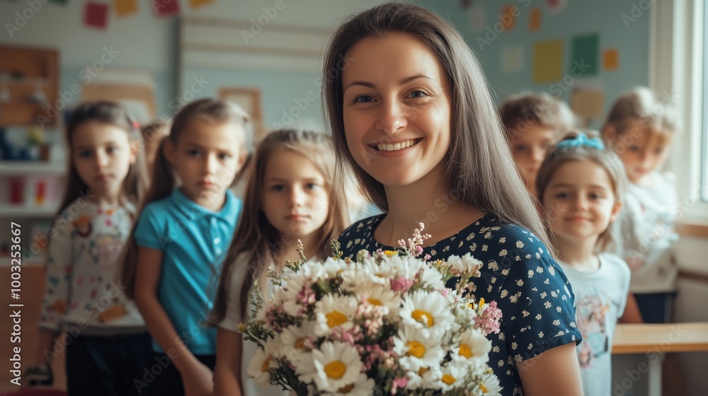 Happy school time. Portrait of first grade students with their female class teacher on first day of school. Happy school time. Portrait of first grade students with their female class teacher on first day of school.