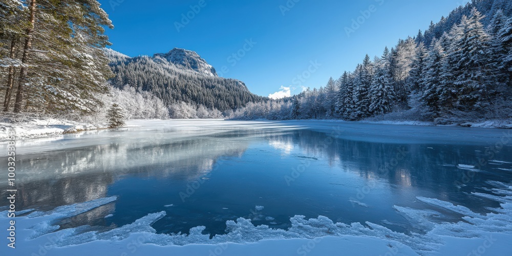 Pristine Frozen Lake with Snow-Covered Pines and Clear Winter Skies