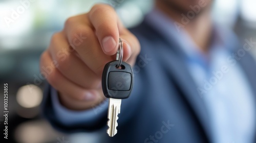 A person in a suit holds out a car key with a blurred background, symbolizing new beginnings, ownership, and opportunities in car sales or services.